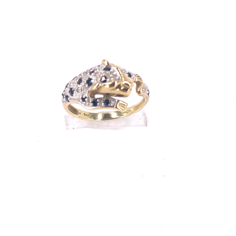 Women’s 9ct Yellow Gold Sapphire Diamond Panther Ring - 2.9g