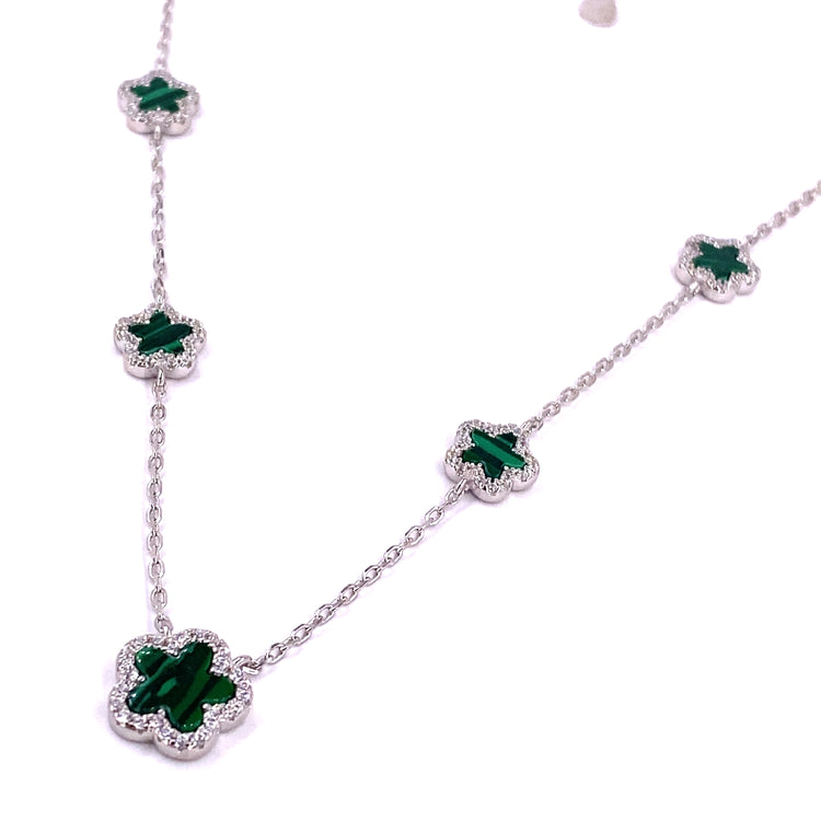 Women’s 925 Sterling Silver Malachite Five ‘Bloom’ Necklace Cz Set