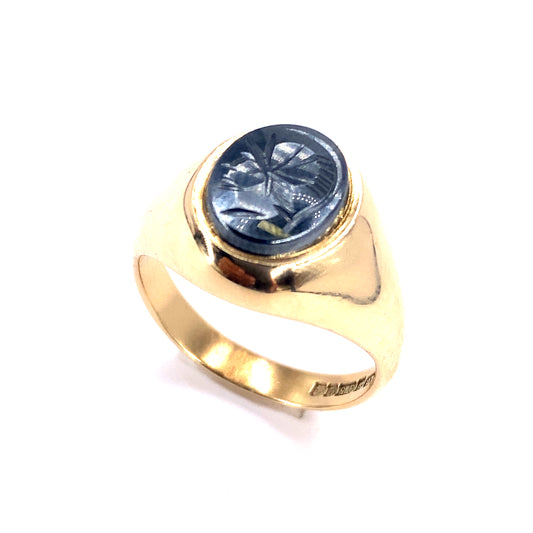 Men’s 9ct Yellow Gold Roman Head Hematite Ring- 7.8g