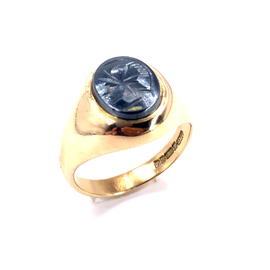 Men’s 9ct Yellow Gold Roman Head Hematite Ring- 7.8g