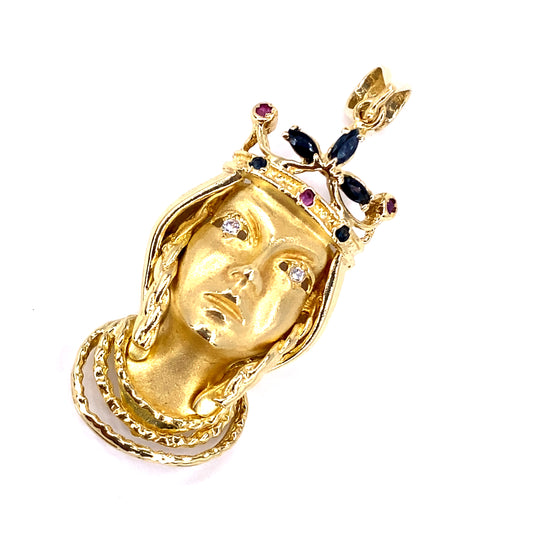 Unisex 14ct Yellow Gold Crowned visage Pendant - 12.8g