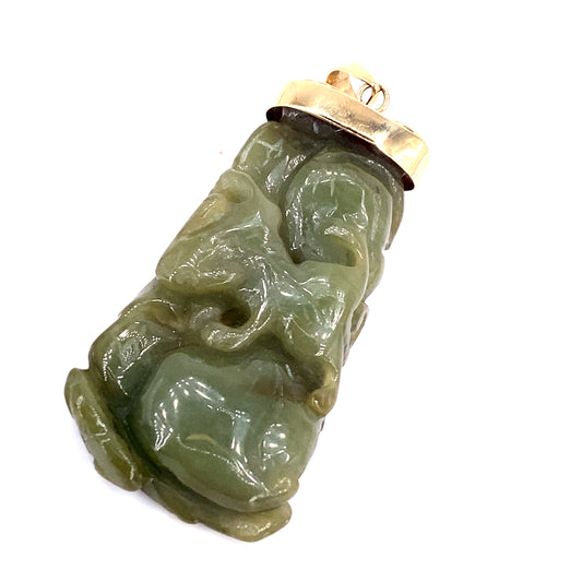 Unisex 9ct Yellow Gold & Engraved Jade Pendant