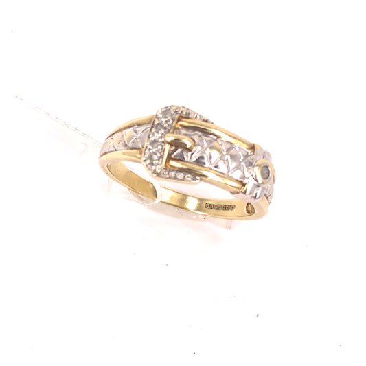 Men’s 9ct Yellow Gold Cz Buckle Ring - 4.8g Size X