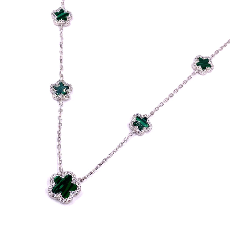 Women’s 925 Sterling Silver Malachite Five ‘Bloom’ Necklace Cz Set