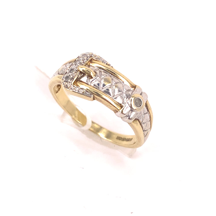 Men’s 9ct Yellow Gold Cz Buckle Ring - 4.8g Size X