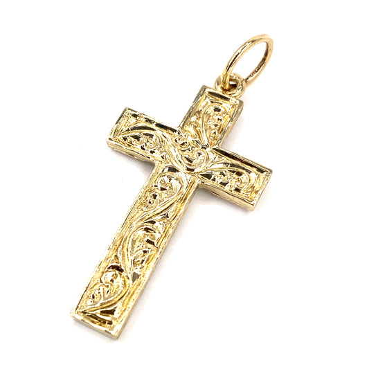 Unisex 9ct Yellow Gold Engraved Cross - 4g