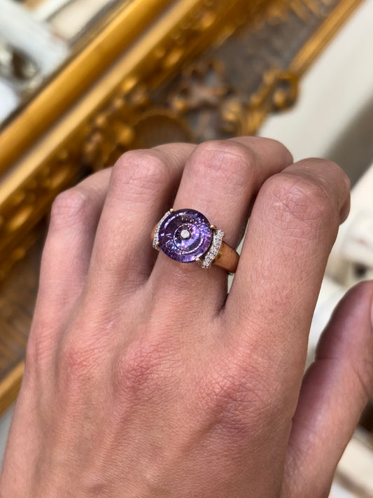 Women’s 9ct Yellow Gold Glenn Lehrer TorusRing Amethyst Diamond Ring - 6g
