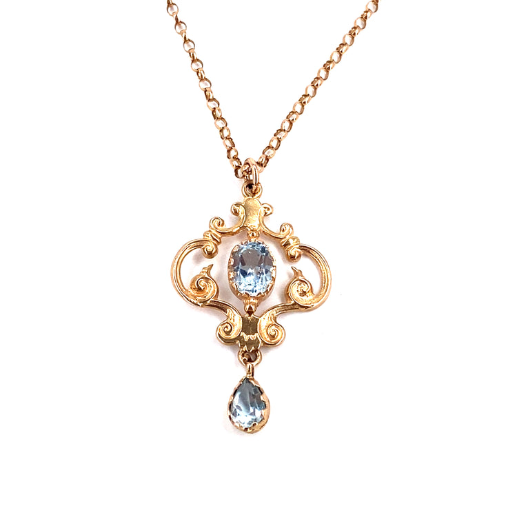 Women’s 9ct Rose Gold Aquamarine Vintage Pendant & Belcher Chain -5.8g