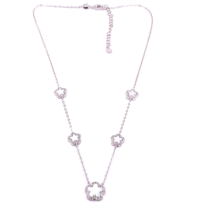 Women’s 925 Sterling Silver Mother Pearl Five ‘Bloom’ Necklace Cz Set