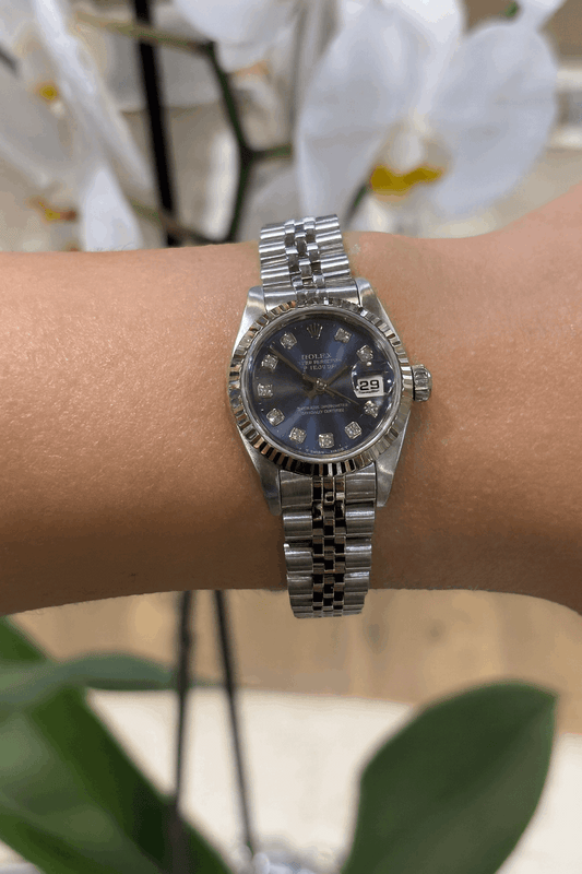 Women’s Stainless Steel Rolex DateJust Blue Dial Diamond Dot 26mm Watch