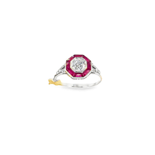Women’s Platinum Ruby Diamond Art Deco Styled Cocktail Ring - 1.00ct