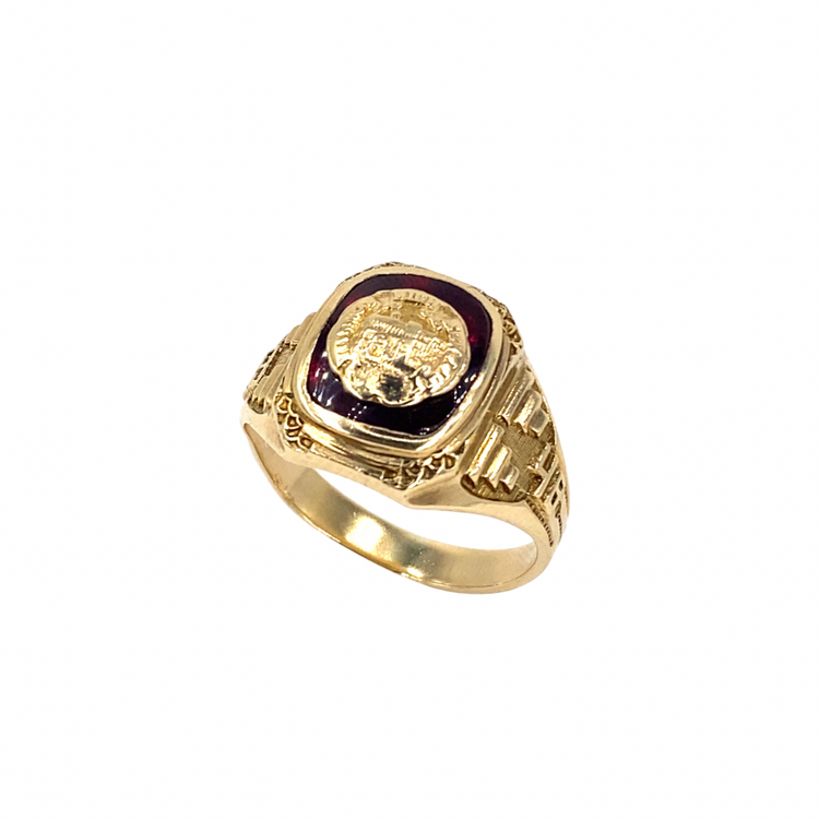 Men’s 10k Yellow Gold American College Ring - Red Stone Set