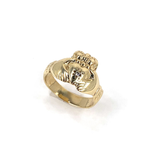 Unisex 9ct Yellow Gold Claddagh Ring Diamond Set -3.6g