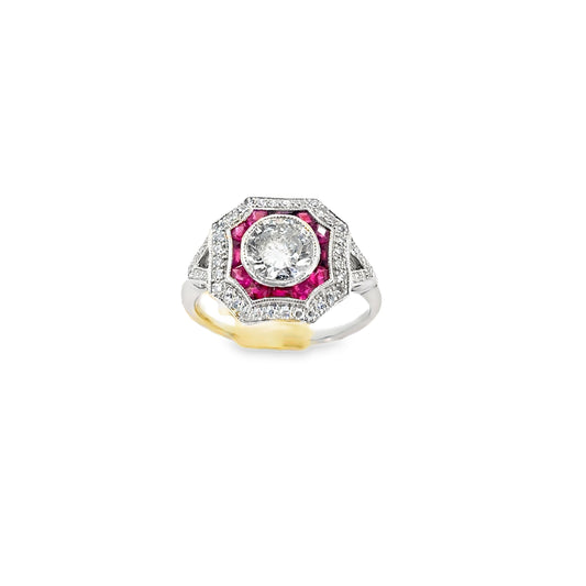 Women’s Platinum Ruby & Diamond Art Deco Style Cocktail Ring - 1.50ct