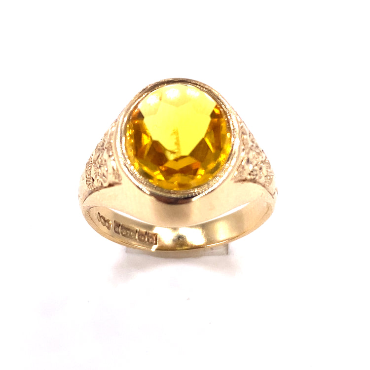 Mens 9ct Yellow Gold Citrine Signet Ring - 6.3G