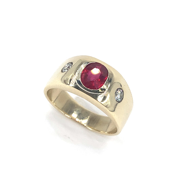 Men’s 14ct Yellow Gold Natural Ruby & Diamond Trilogy Ring