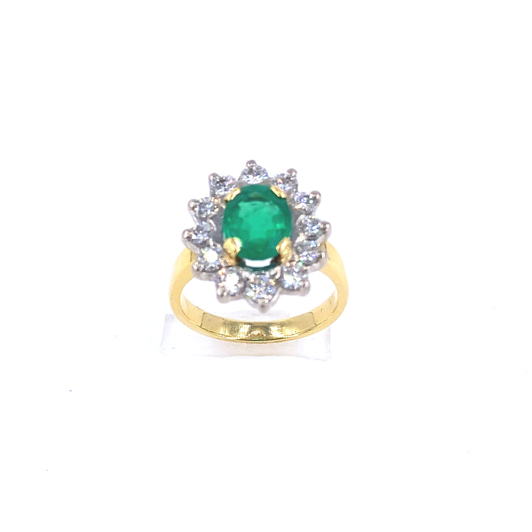 Women’s 18ct Yellow Gold Diamond Emerald Cocktail Flower Ring - 1.20ct