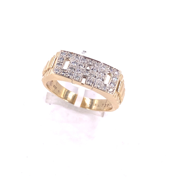 Mens 9ct Yellow Gold Dad Ring - 5.2g 0.20ct