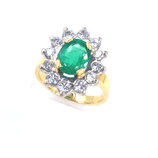 Women’s 18ct Yellow Gold Diamond Emerald Cocktail Flower Ring - 1.20ct