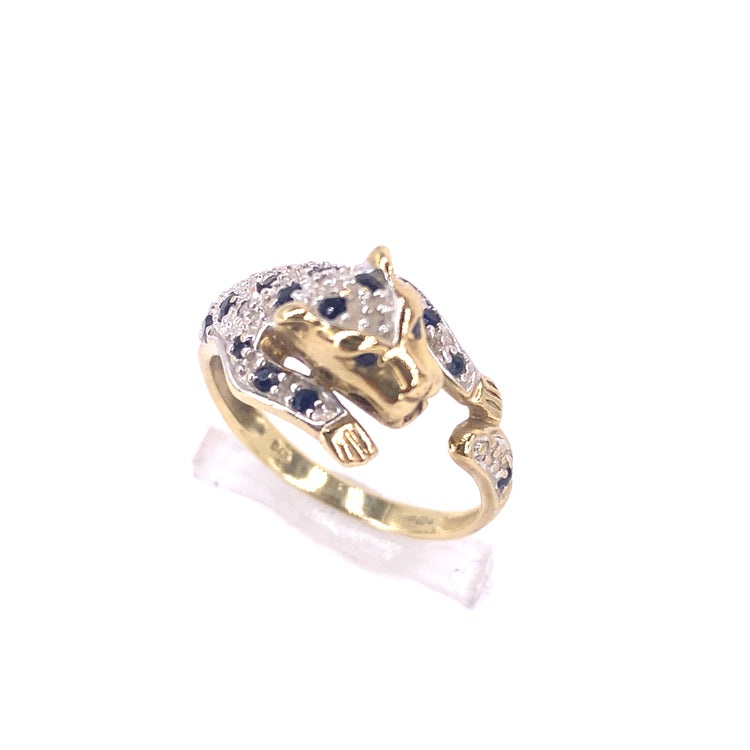 Women’s 9ct Yellow Gold Sapphire Diamond Panther Ring - 2.9g