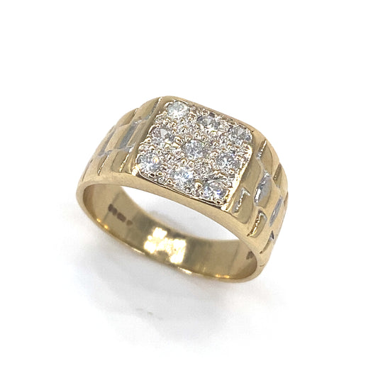 Men’s 9ct Yellow Gold Diamond Signet Watch Link Engraving Ring-0.30ct