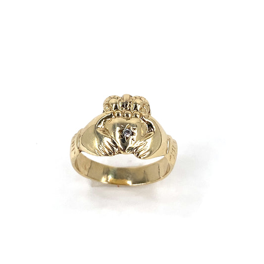 Unisex 9ct Yellow Gold Claddagh Ring Diamond Set -3.6g