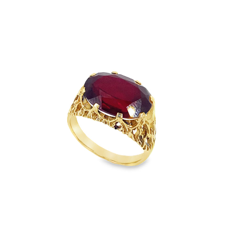 Unisex 14ct Yellow Gold Vintage Bark Effect Red Stone Set Ring