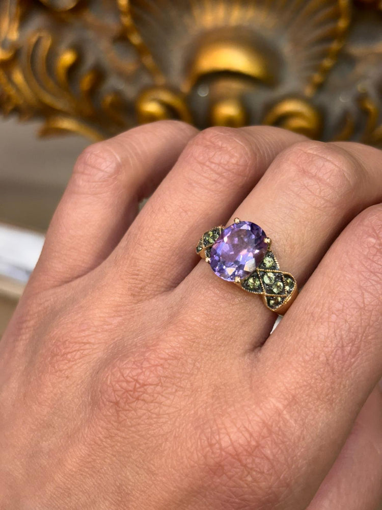 Amethyst Ring with Green Accent Stones in 9CT Yellow Gold - Hyman’s Jewellers