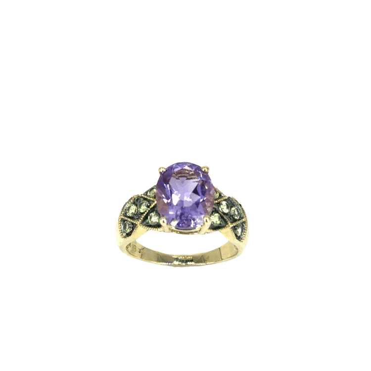Amethyst Ring with Green Accent Stones in 9CT Yellow Gold - Hyman’s Jewellers