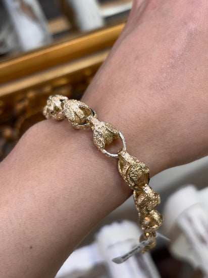Children’s 9ct Ornate Engraved Tulip Yellow Gold Chain Bracelet - 25.3G 18cm - Hyman’s Jewellers