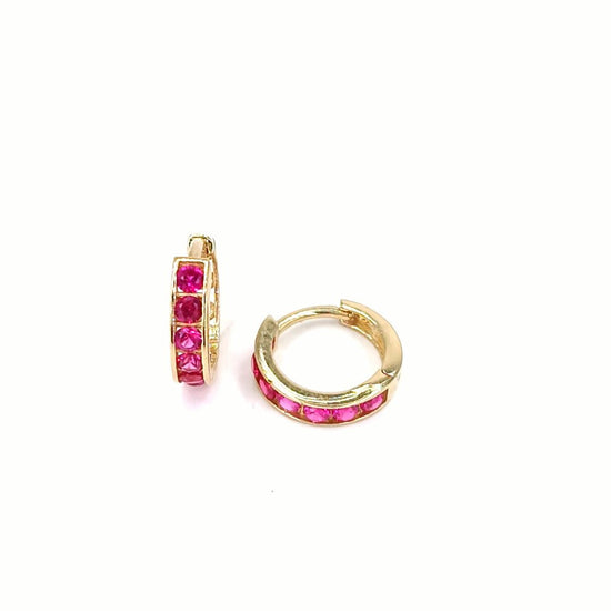 Children's 9ct Yellow Gold Hoop Earrings with Round - Cut Red CZ stones - Hyman’s Jewellers