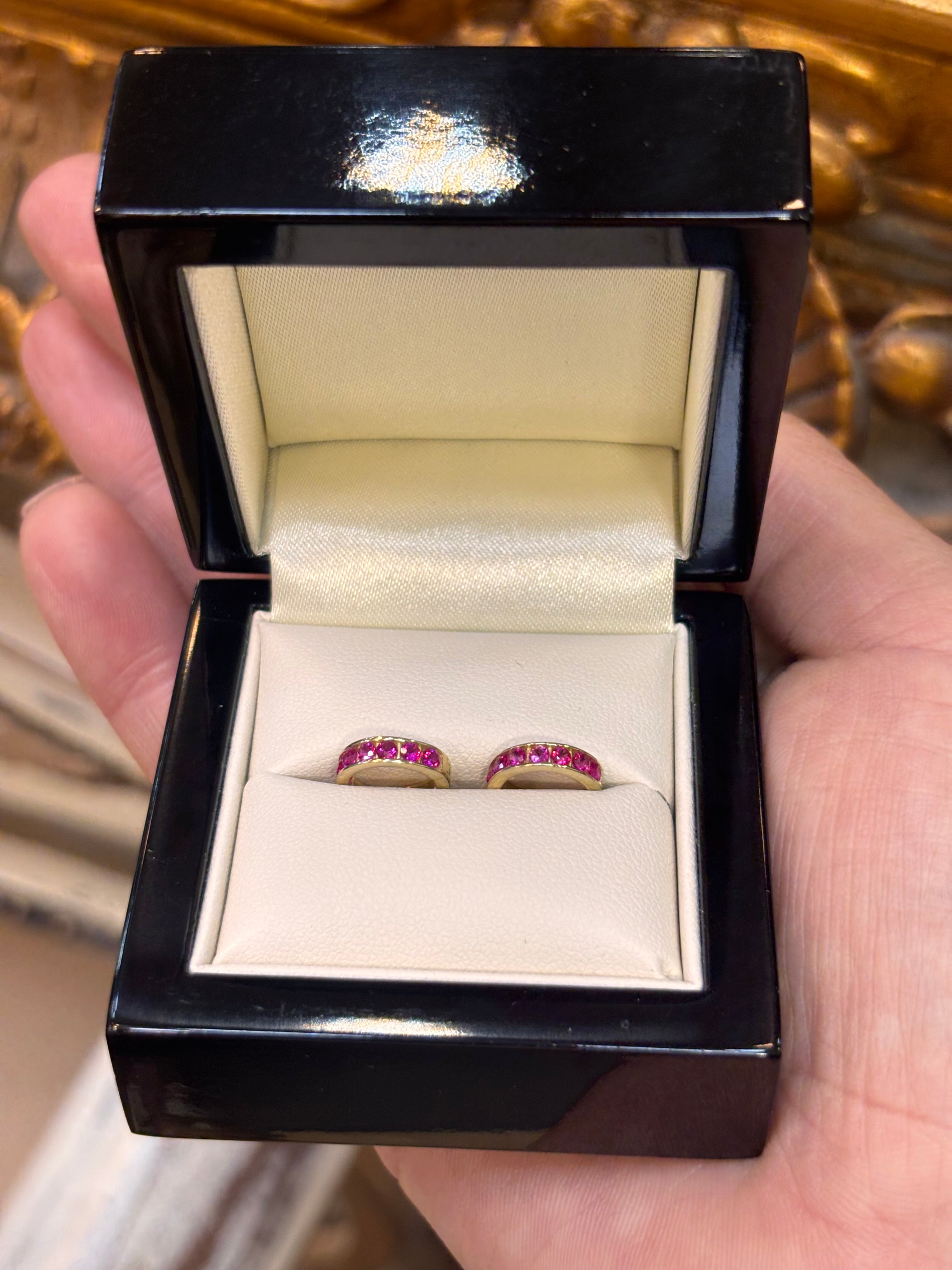 Children's 9ct Yellow Gold Hoop Earrings with Round-Cut Red CZ stones ...