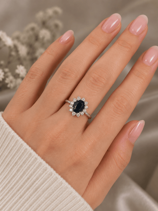 Deep Blue Sapphire Halo Cocktail Ring in 18CT White Gold - Hyman’s Jewellers