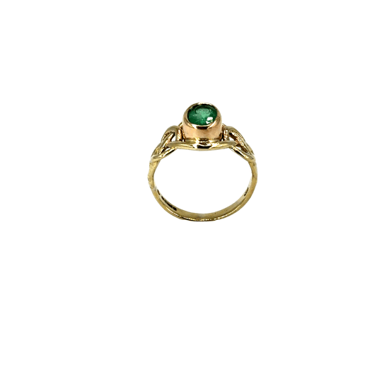 Emerald Bezel Solitaire Ring with Celtic Knot Shoulders in 9CT Yellow Gold 2.4g - Hyman’s Jewellers