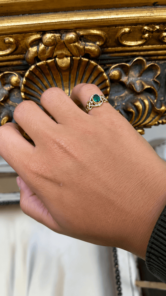 Emerald Bezel Solitaire Ring with Celtic Knot Shoulders in 9CT Yellow Gold 2.4g - Hyman’s Jewellers