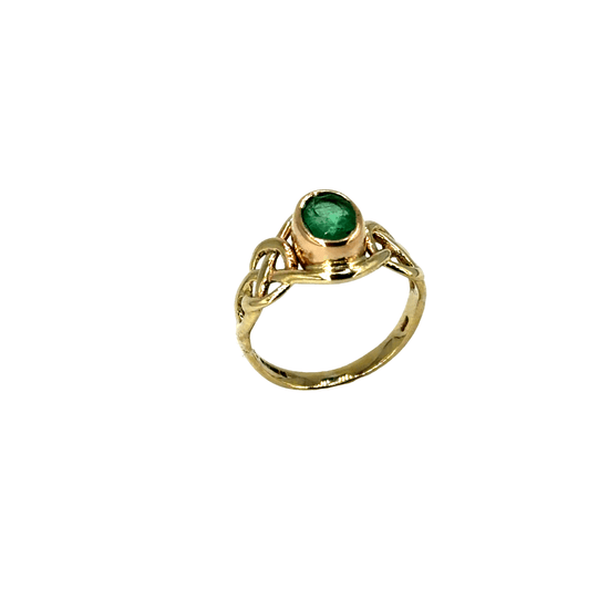 Emerald Bezel Solitaire Ring with Celtic Knot Shoulders in 9CT Yellow Gold 2.4g - Hyman’s Jewellers