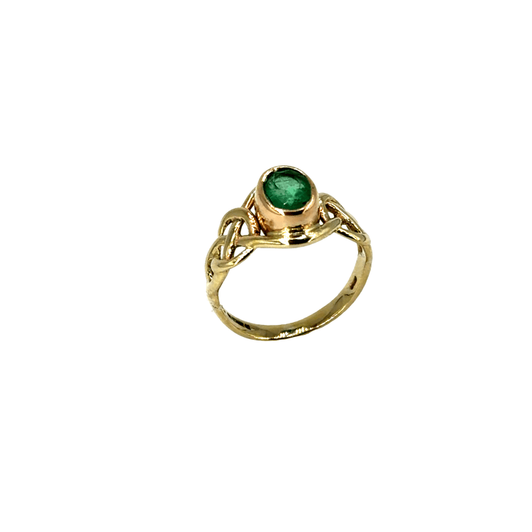 Emerald Bezel Solitaire Ring with Celtic Knot Shoulders in 9CT Yellow Gold 2.4g - Hyman’s Jewellers
