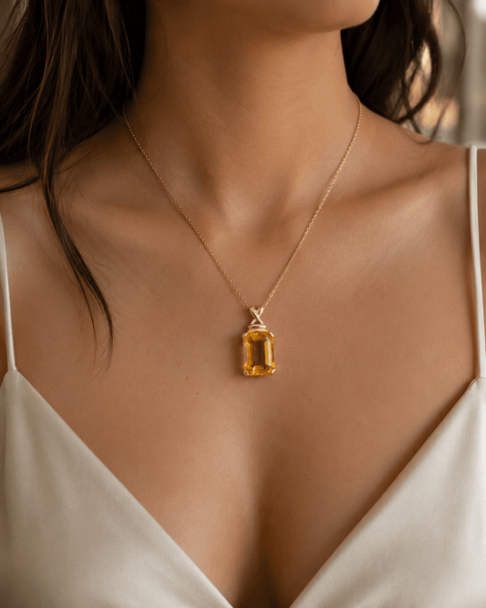Emerald-Cut Citrine Solitaire Pendant in 9ct Yellow Gold 5.3g - Hyman’s Jewellers