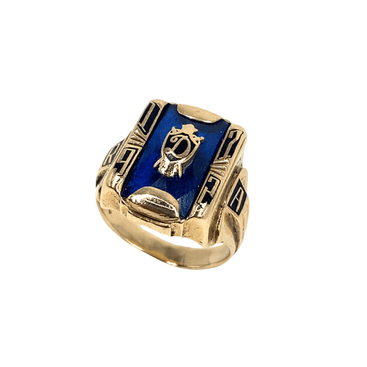 Men’s 10K Yellow Gold College Ring - Blue Stone Set - Hyman’s Jewellers
