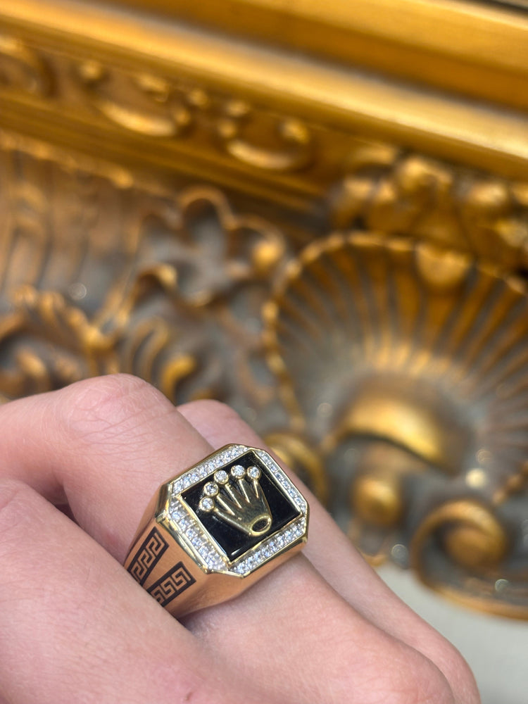 Men’s 14ct Yellow Gold Signet Ring with Diamond Accented Crown Design - Hyman’s Jewellers