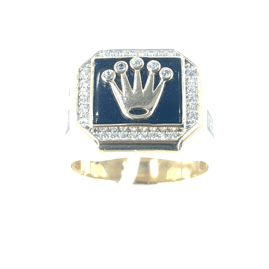 Men’s 14ct Yellow Gold Signet Ring with Diamond Accented Crown Design - Hyman’s Jewellers