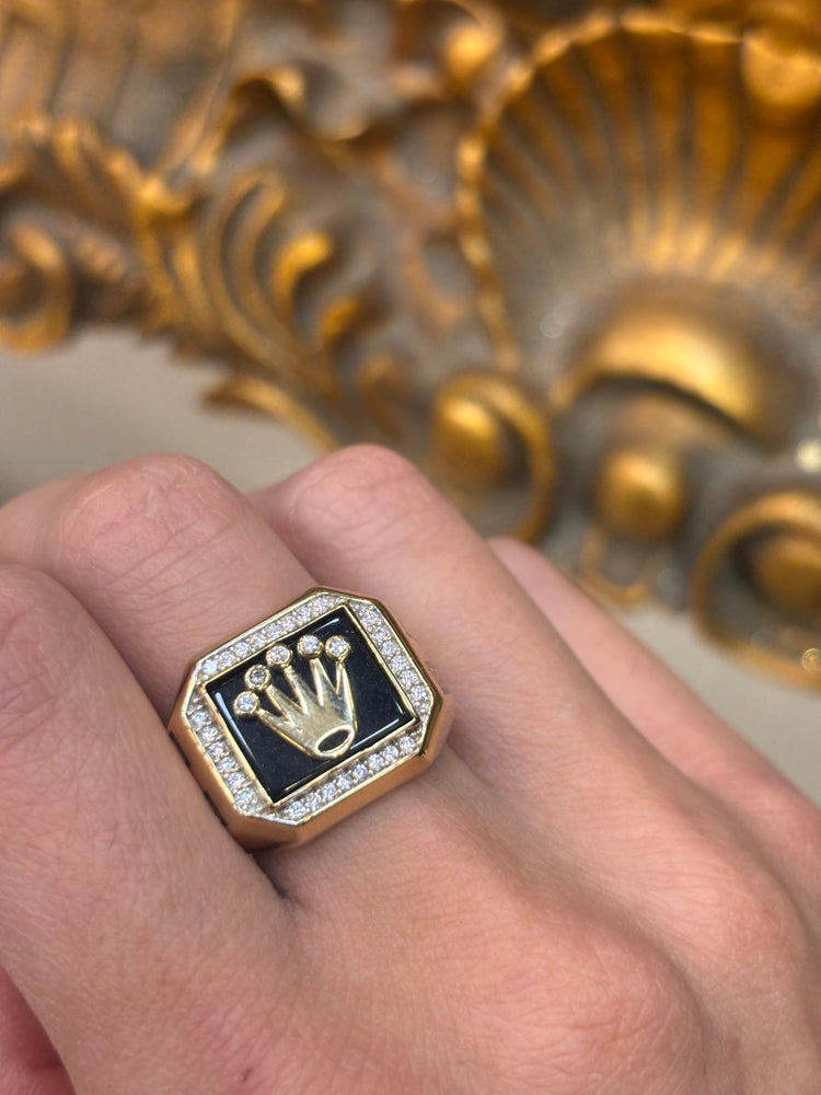 Men’s 14ct Yellow Gold Signet Ring with Diamond Accented Crown Design - Hyman’s Jewellers