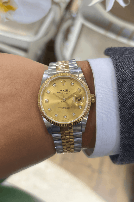 Men’s 18ct Yellow Gold & Oyster Steel Rolex Datejust 36mm Watch - Champagne Dial Diamond Dot - Hyman’s Jewellers