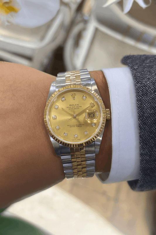 Men’s 18ct Yellow Gold & Oyster Steel Rolex Datejust 36mm Watch - Champagne Dial Diamond Dot - Hyman’s Jewellers