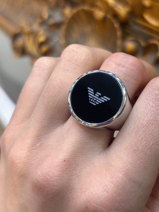 Men’s 925 Silver Emporio Armani Onyx Ring - Hyman’s Jewellers