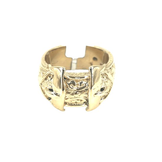 Men’s 9ct Ornate Yellow Gold Buckle Ring with Detailed Engravings - Hyman’s Jewellers