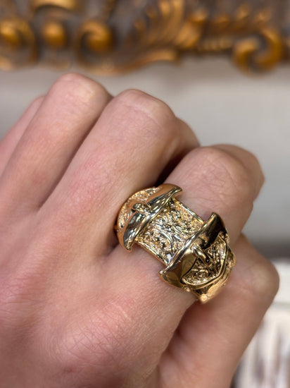 Men’s 9ct Ornate Yellow Gold Buckle Ring with Detailed Engravings - Hyman’s Jewellers