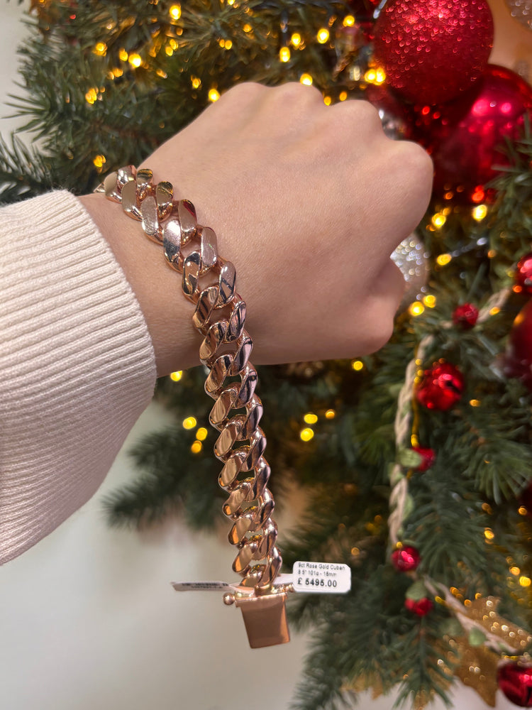 Men’s 9ct Rose Gold Cuban Link Chain Bracelet - 8.5” 101g 16mm - Hyman’s Jewellers