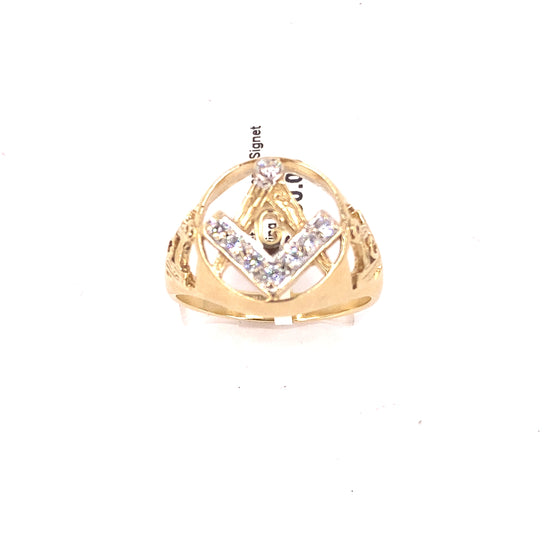 Men’s 9ct Yellow Gold CZ Masonic Signet Ring - 6.4g Size V - Hyman’s Jewellers