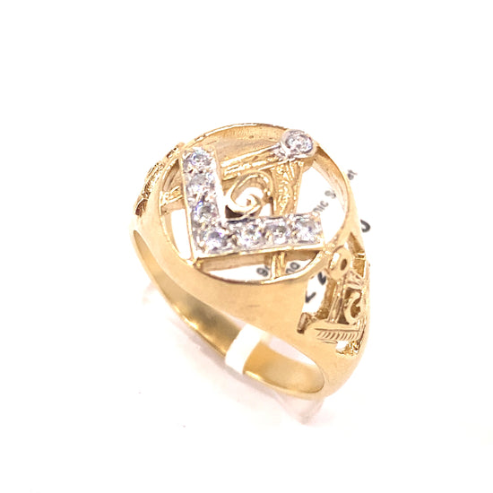 Men’s 9ct Yellow Gold CZ Masonic Signet Ring - 6.4g Size V - Hyman’s Jewellers